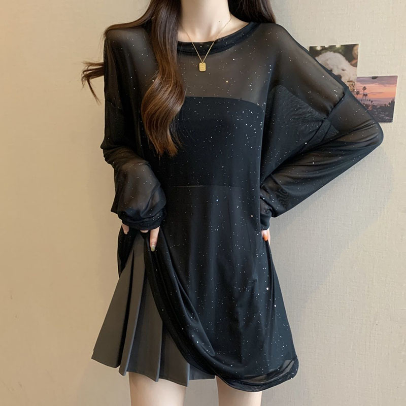 Noir Sexy voir à travers transparent T-Shirts femmes luxe paillettes mince glace soie à manches longues t-shirt été respirant résistant au soleil hauts
