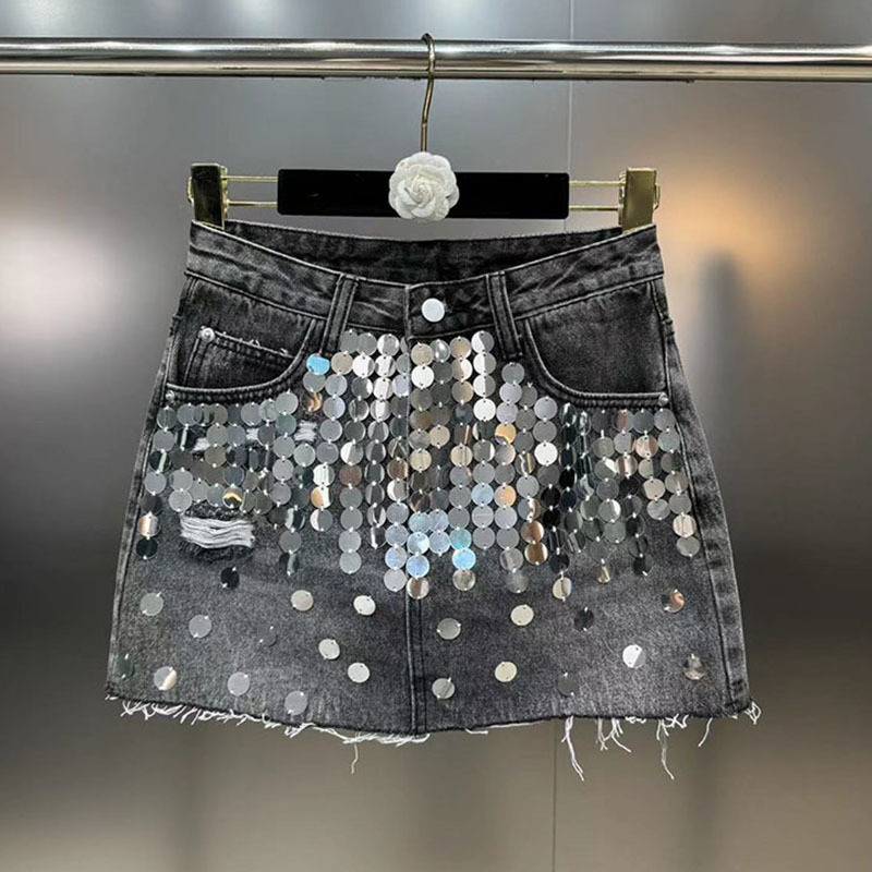 DEAT-Jupe en jean à sequins pour femmes, jupe taille haute, jupe ronde, mode femme, 29L7 clarification, été, nouveaux articles, 2024