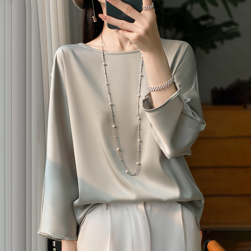 T-shirt à manches trois-quarts pour femmes, chemisier en satin monochrome décontracté, col rond, t-shirts en satin, vêtements pour femmes, été, nouveau