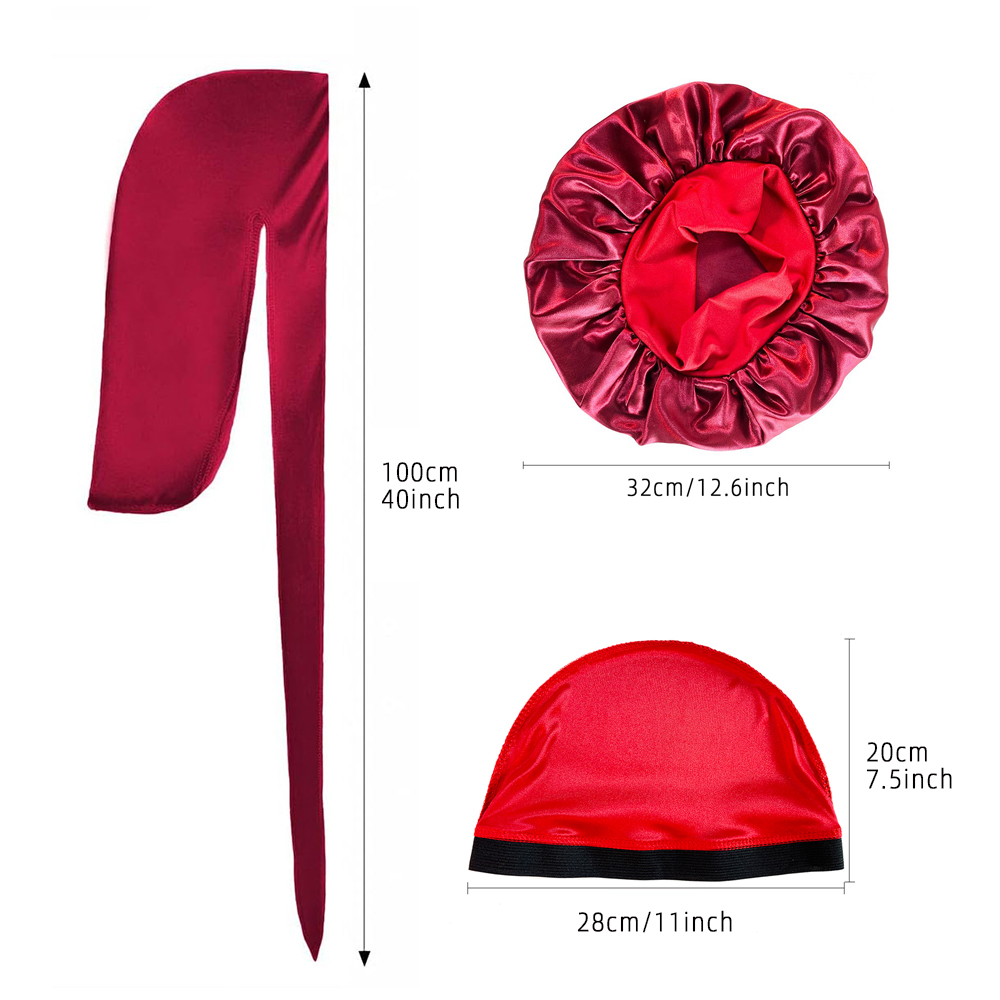 Bonnet en Satin soyeux de haute qualité, 3 pièces, unisexe, bandeau élastique, Bandanas Durags, longue queue, Bonnet de douche pour sommeil, Turban