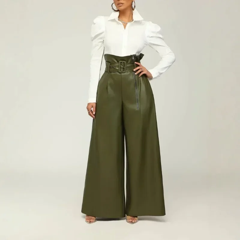 Pantalon taille haute en cuir PU pour femme, pantalon large noir, streetwear décontracté, surintendant ser, articles en gros, mode adt