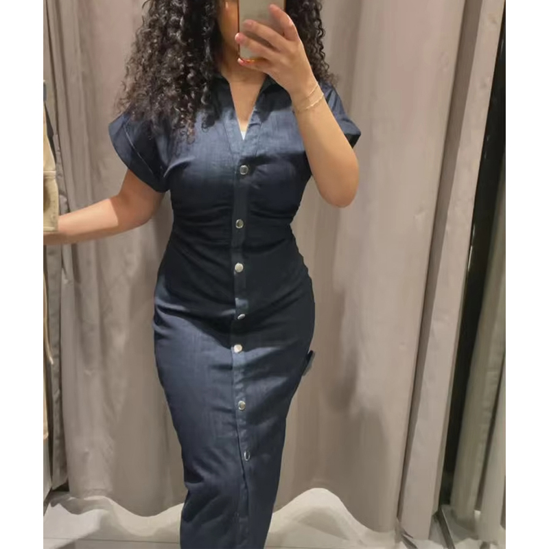 MUJER 2026 Denim robe longue femme bouton plissé robes mi-longues pour femmes à manches courtes jean robe femme printemps robes de vacances