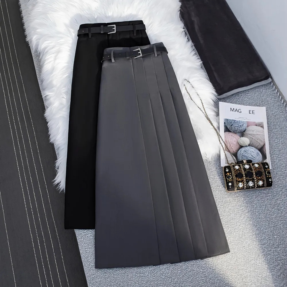 Costume noir pour femmes, jupe longue plissée avec ceinture, tempérament coréen gris, mode fine, jupe trapèze, Streetwear, été automne