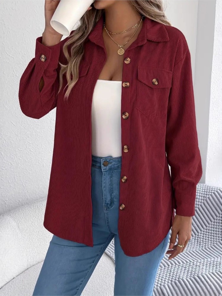 Veste en velours côtelé à manches longues pour femme, élégante, simple boutonnage, couleur unie, chemise ample et décontractée, nouvelle mode, manteau supérieur noir, vêtements pour femmes