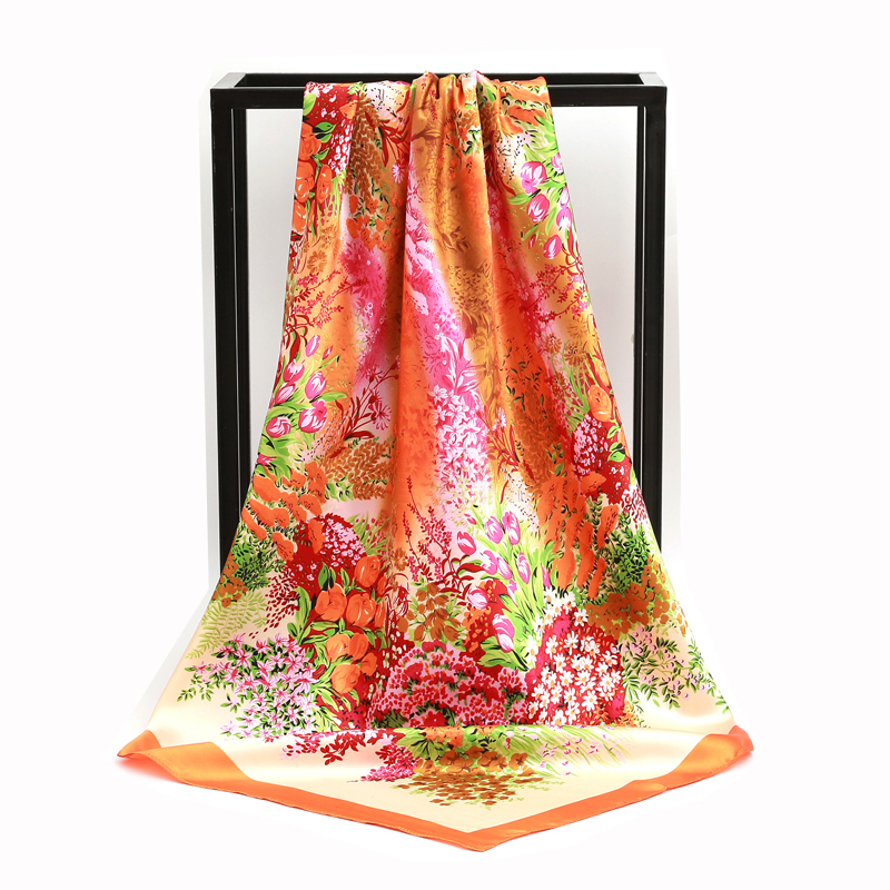 Nouveau Foulard carré en soie femmes concepteur imprimé fleuri foulards en Satin pour dame Foulard Bandana écharpes femme Foulard 90 cm Hijab