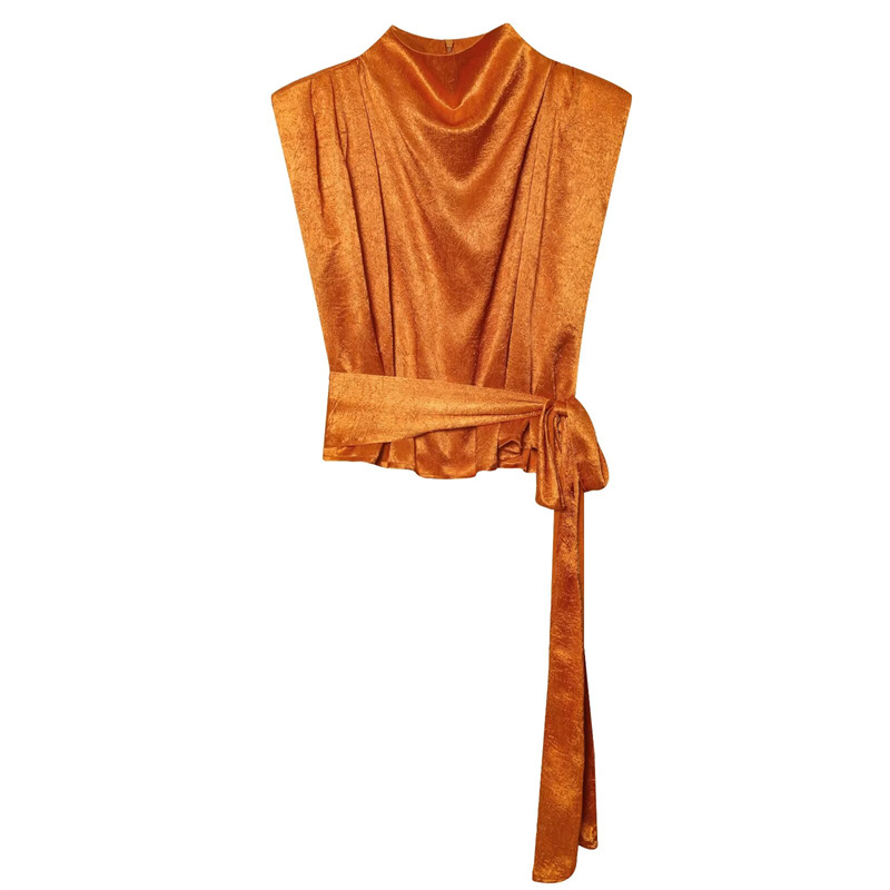 Haut court sans manches en satin à col châle, chemise élégante pour femme avec taille nouée sur le côté, débardeur luxueux et lisse effet soie