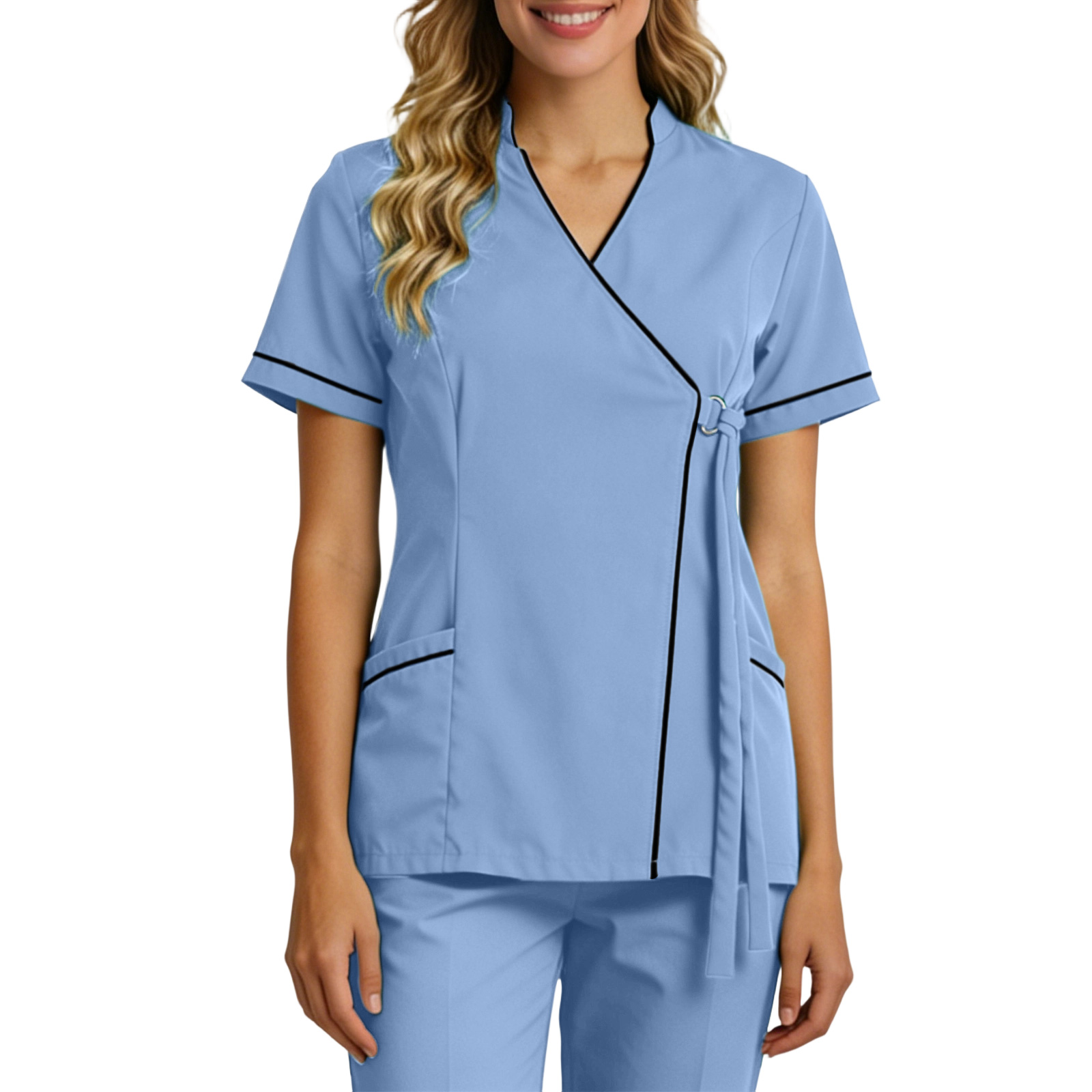 Tops de travail pour femmes enceintes, doux, col en V, ouverts sur le devant, à manches courtes, avec liens latéraux, pour l'été, uniforme de travail pour SPA et laboratoire