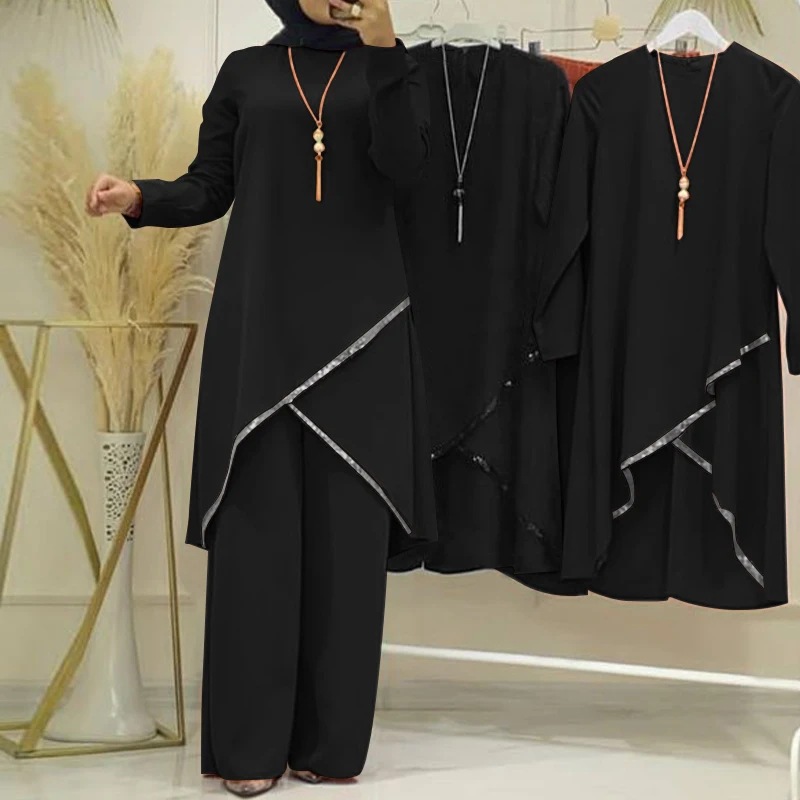 Ensemble musulman Eid pour femmes, chemisiers solides, pantalons à jambes larges, Ramadan marocain, deux pièces, Kaftan de dubaï, ample et modeste
