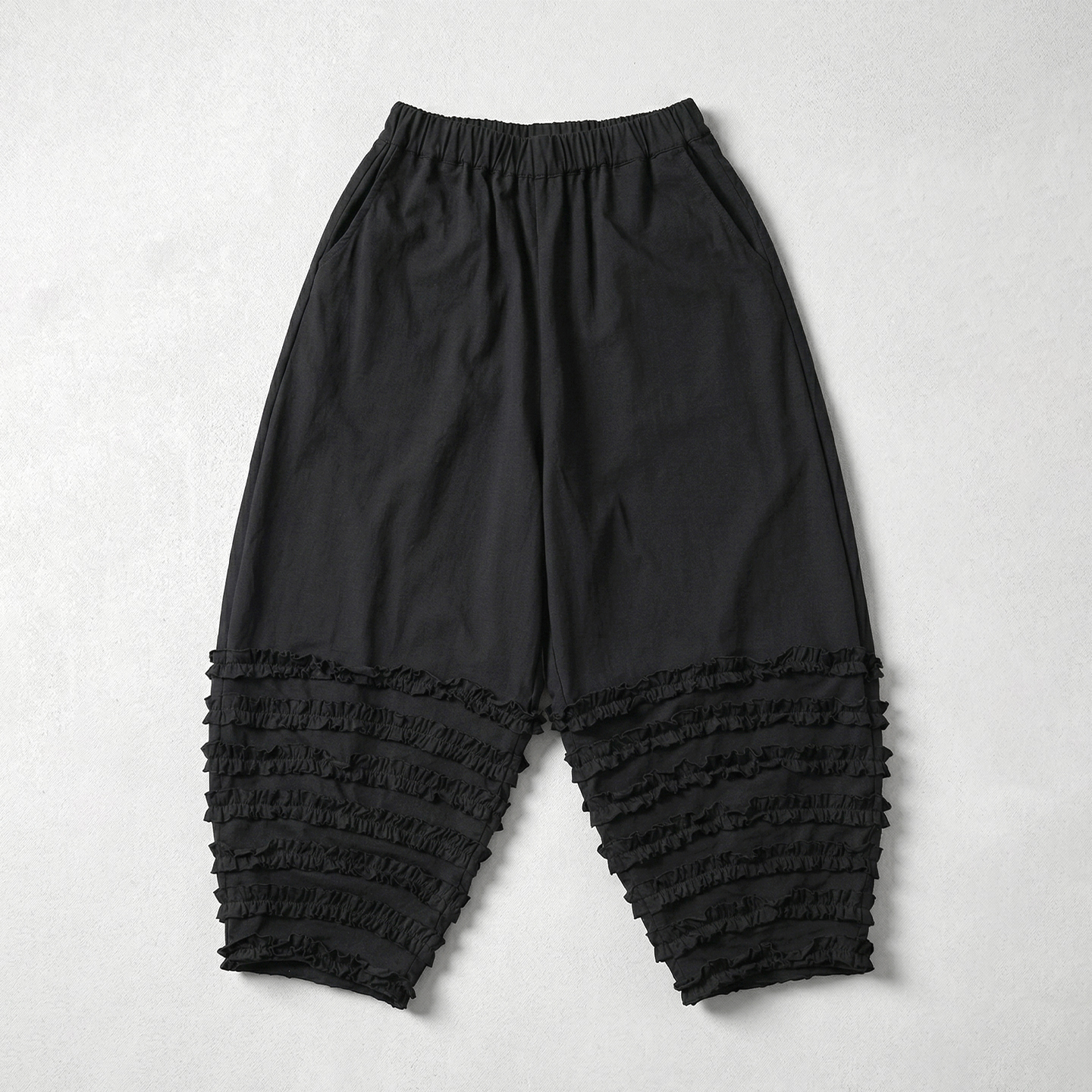 Imakokoni – pantalons et pantalons courts pour femmes, vêtements féminins, noirs, à volants superposés, taille élastique, coupe ample, décontractés