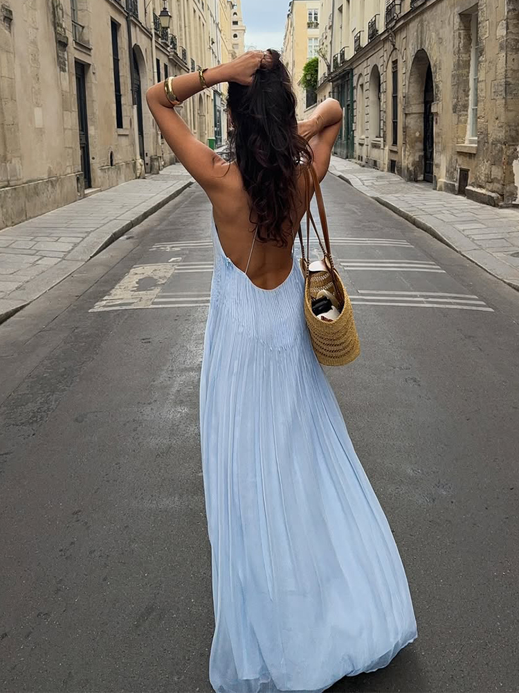 Robe longue de plage en mousseline bleue, dos nu, style bohème, à bretelles, ample, plissée, maxi, pour femmes, idéale pour les vacances d'été, les soirées et les fêtes.