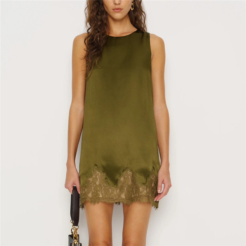 Robe en dentelle de soie pour femmes, robe décontractée en satin, robe ample sans manches, col rond, haut long et fluide, robe élégante pour femmes, mini-robe