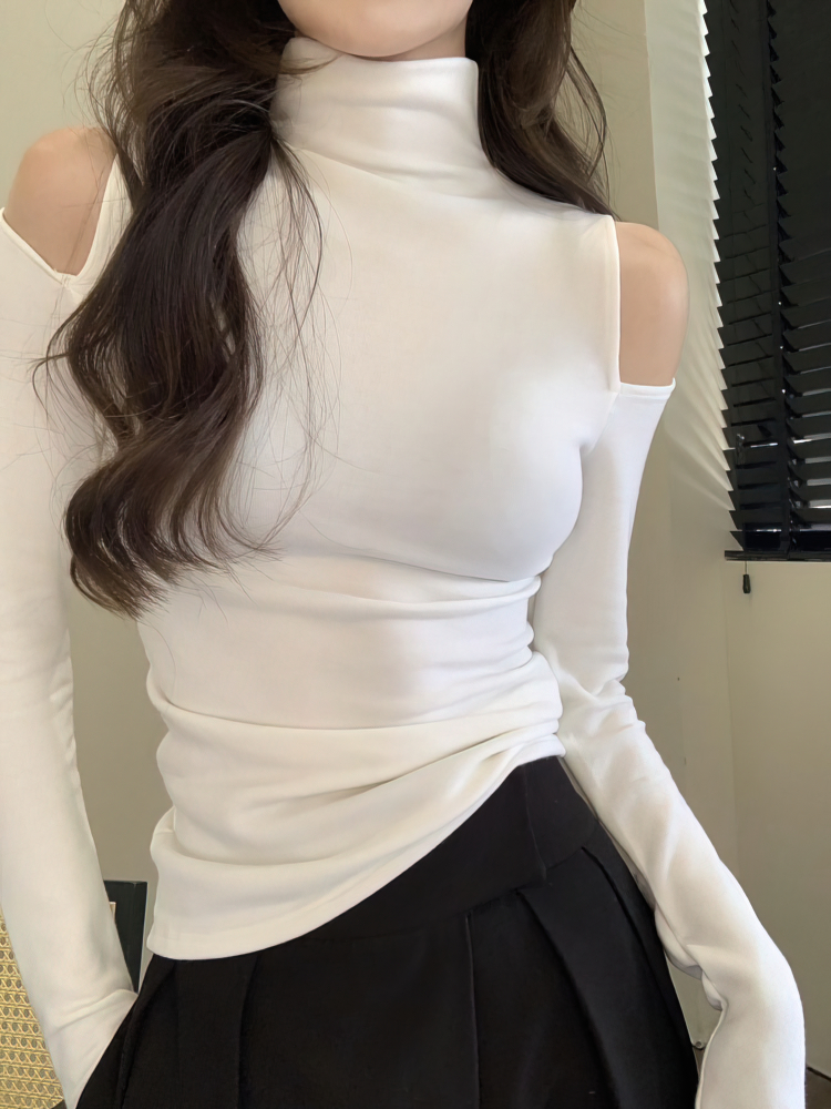 Coréen automne hiver col roulé Tops basiques femmes Sexy épaules nues à manches longues épais polaire t-shirt mode noir t-shirts dame