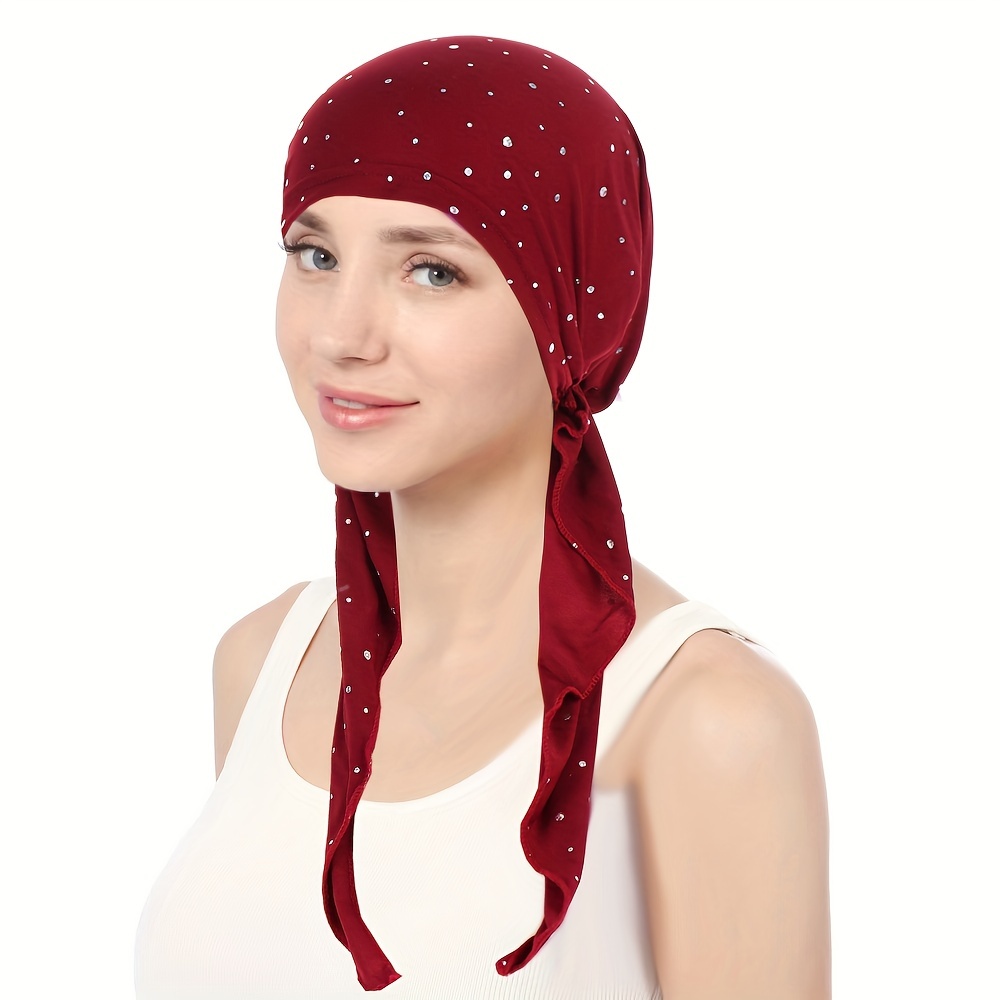Strass décor Turban chapeau couleur unie élastique bandeau décontracté crâne casquette bonnets chimio casquette pour les femmes