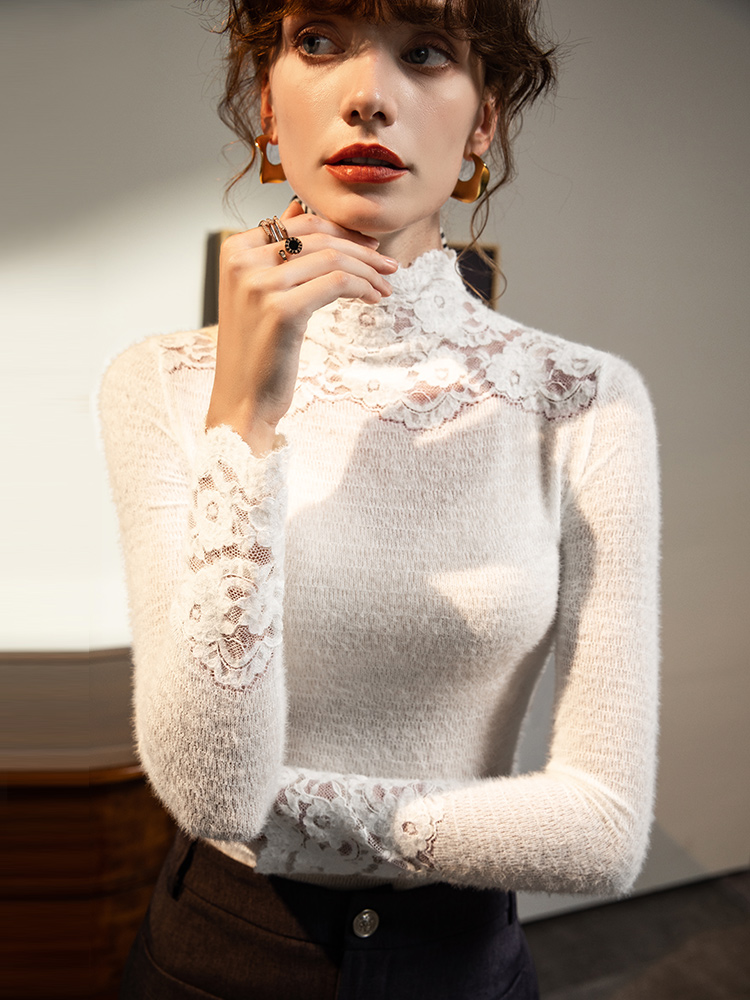 Chemise en dentelle pour femmes, nouvelle chemise de Base avec crochet, fleur creuse, épissage rétro, manches longues, haut ajusté, automne et hiver