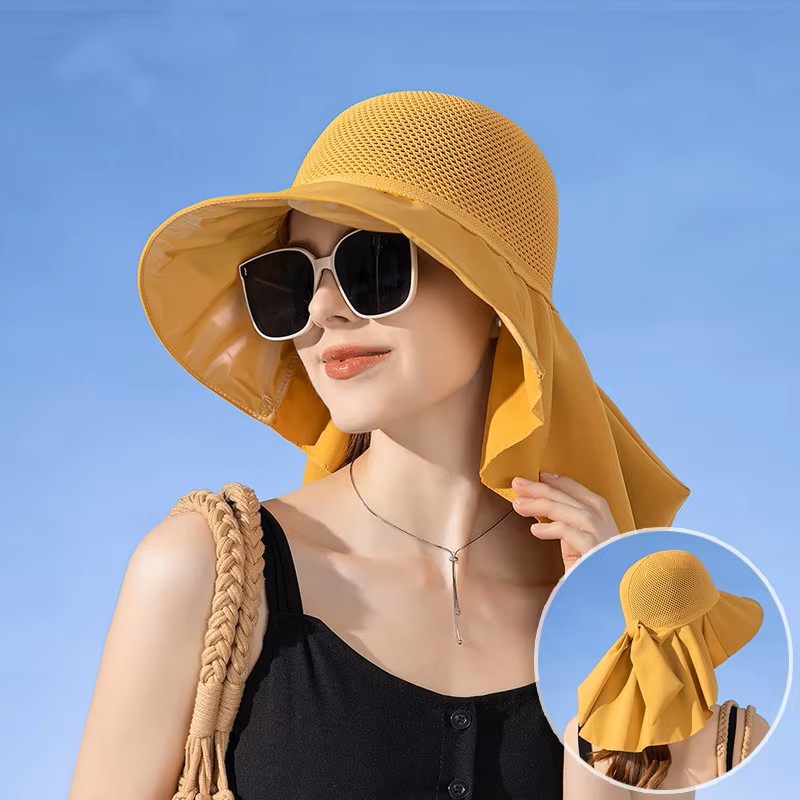 Chapeau de soleil anti-UV pour femme avec protection du cou, dessus en maille respirante, large bord, casquette d'extérieur