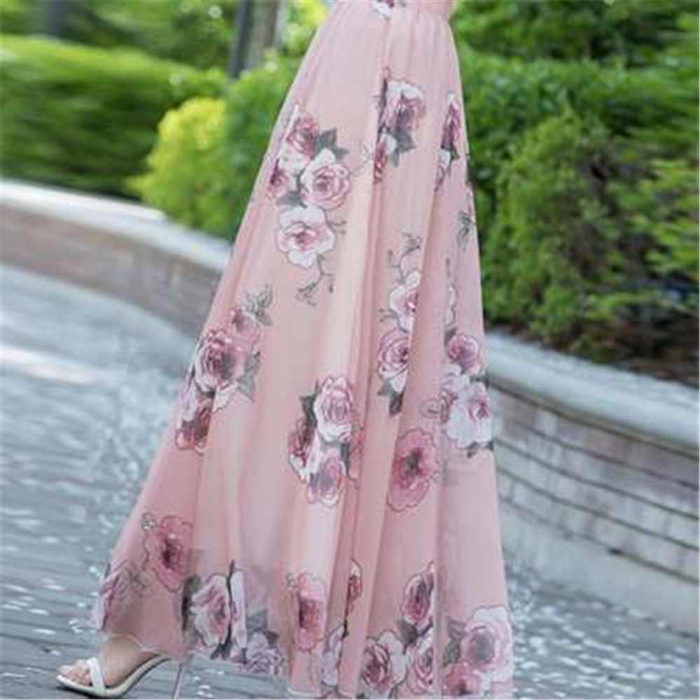 Jupe longue taille haute en mousseline de soie pour femmes, jupe d'été coréenne, jupe maxi florale dégradée, vêtements de danse élégants, vêtements de plage Boho Lady Vintage Girl