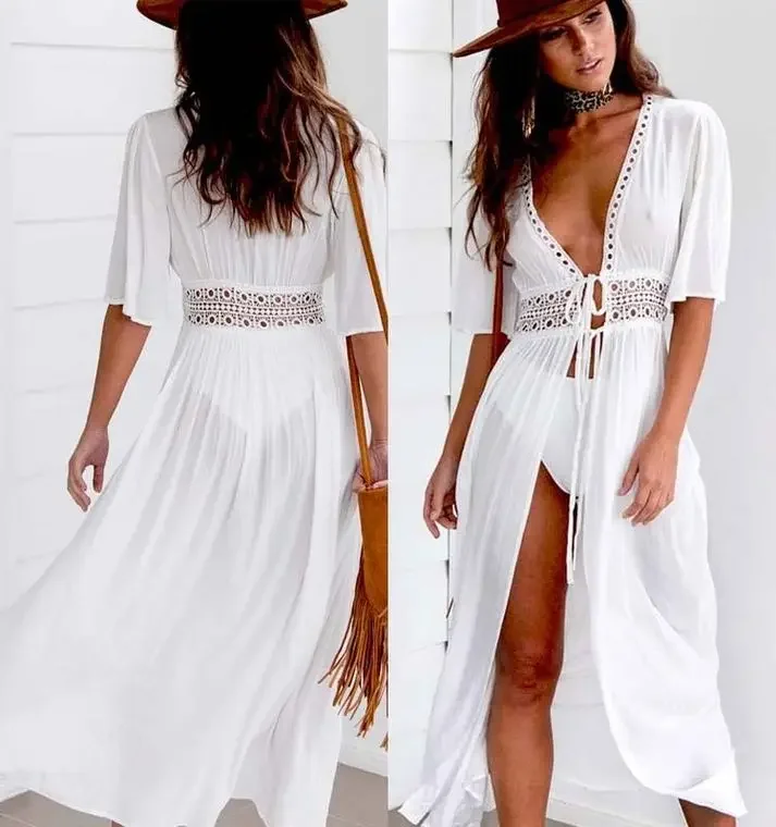 Robe de plage longue à col en V pour femme, cover up pour bikini, tunique blanche, vêtements de plage