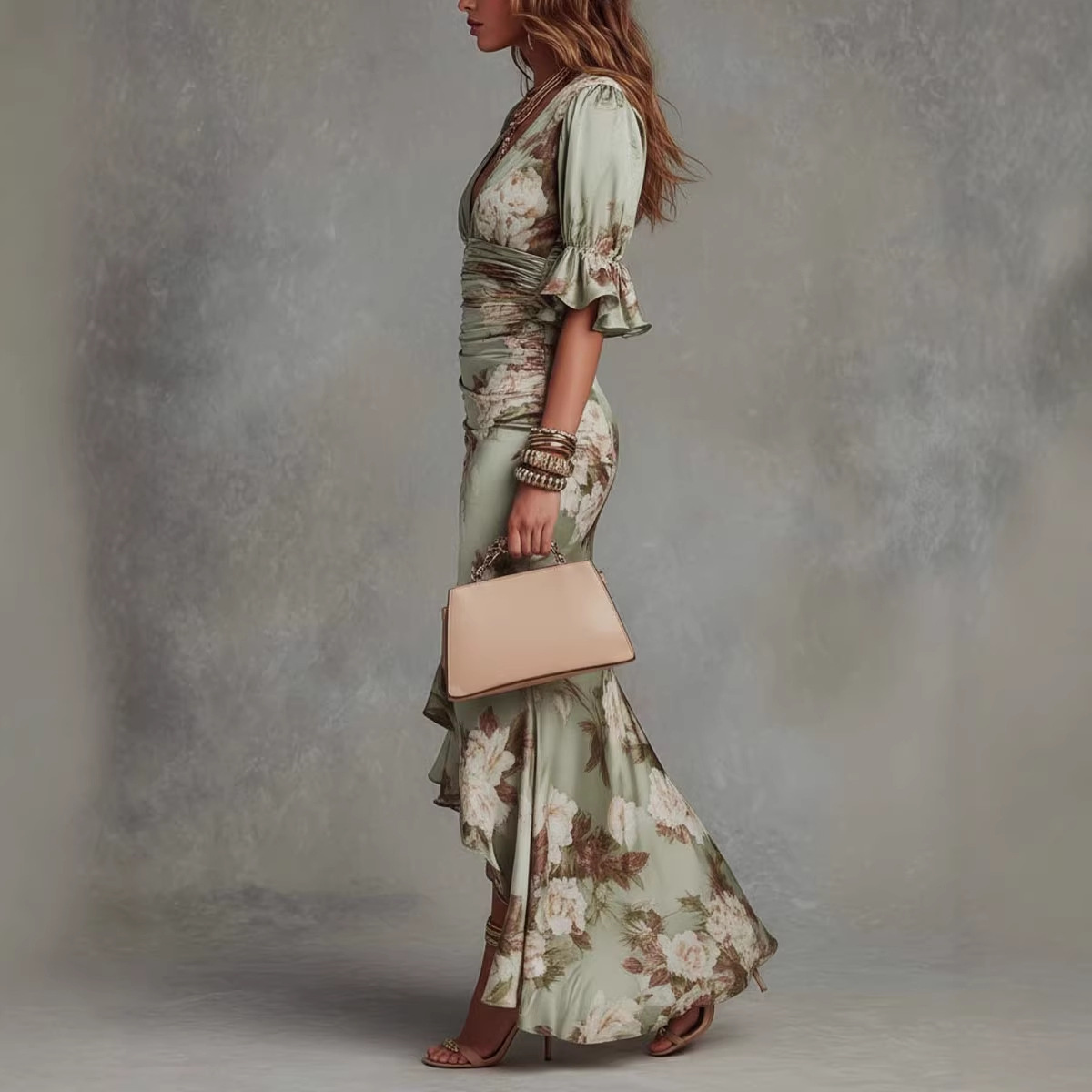 Robe midi en satin vert sauge à motifs floraux pour femme, col en V profond, manches bouffantes à volants, froncée, élégante, pour invitées de mariage, cocktail ou soirée