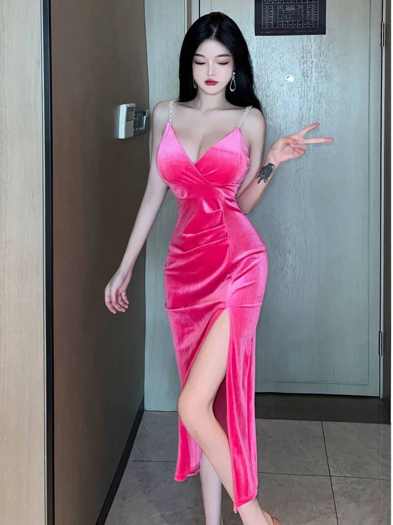 Robe de cérémonie en velours fendu taille haute pour femme, robe longue dos nu, tempérament sexy, hanche ronde, OT68, printemps et automne, nouveau, 2023