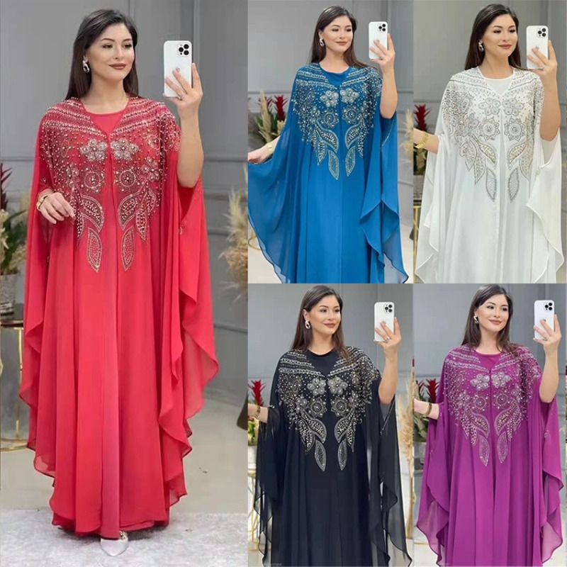 Robe musulmane pour femmes, ample, manches chauve-souris, perlée, longue, Abaya, Kaftan, Robe islamique, ensemble deux pièces