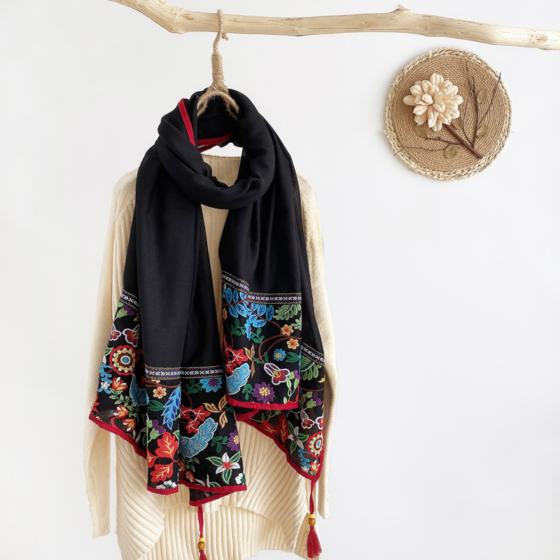 Foulard d'hiver brodé ethnique pour femmes, longue écharpe élégante à fleurs, châle Hijab musulman, beau voyage 85x180cm