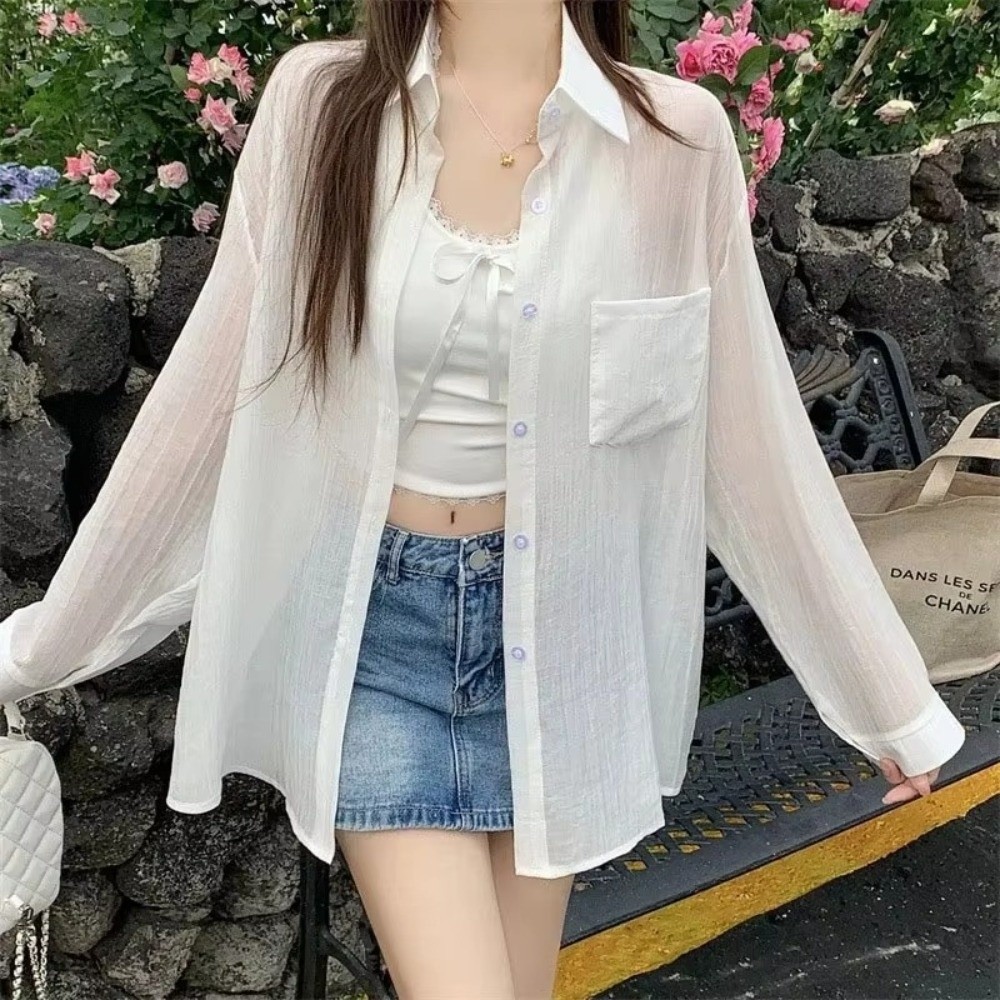 Chemise ample anti-UV à manches longues en soie glacée légère, chemisier en mousseline transparente résistant au soleil