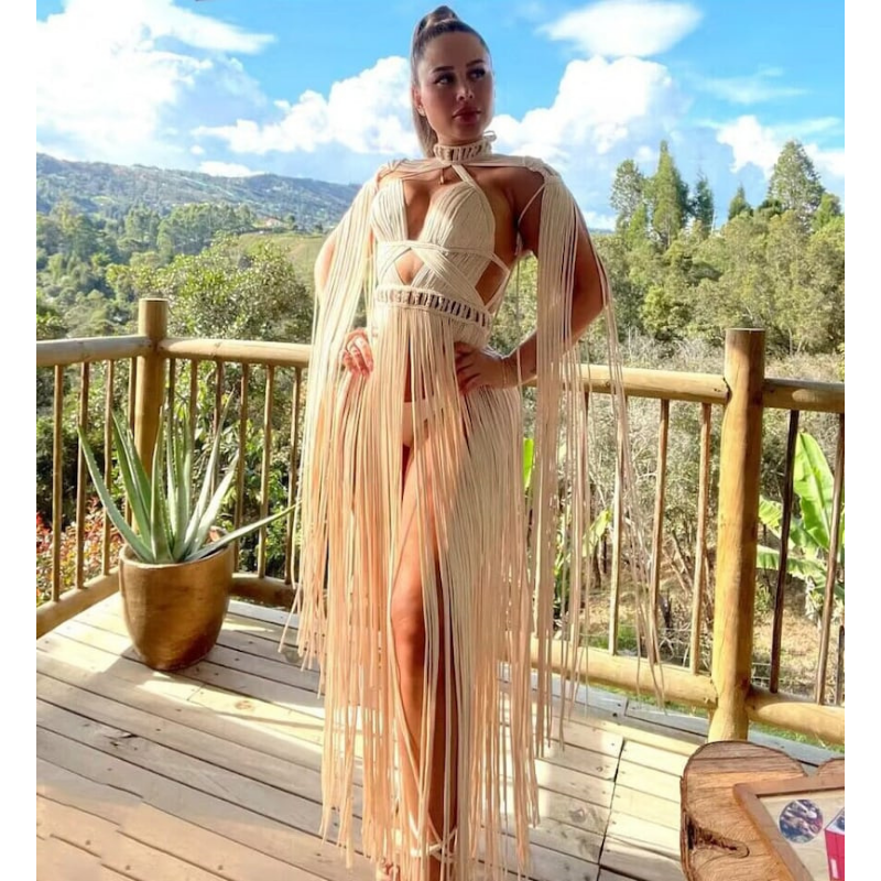 Robe longue bohème au crochet pour femmes, couvertures de plage vintage, col licou à pampilles, robe maxi dos nu, robe éducative, couleurs personnalisées