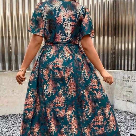 Robe longue élégante à imprimé bohème vert turquoise et marron pour femmes, col croisé, design à ourlet en A, convient aux occasions formelles