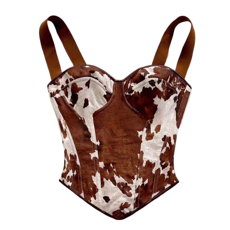 Haut corset à lacets imprimé vache pour femme, sans manches, en daim, style western, pour festival de musique, concert, tenue sexy de cowgirl, déguisement médiéval