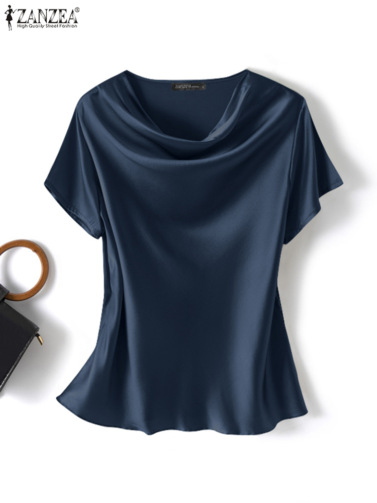 Femmes Blouses d'été ZANZEA 2024 mode Satin hauts à manches courtes Blusas femme col rond décontracté vêtements de maison tunique Chemise surdimensionnée