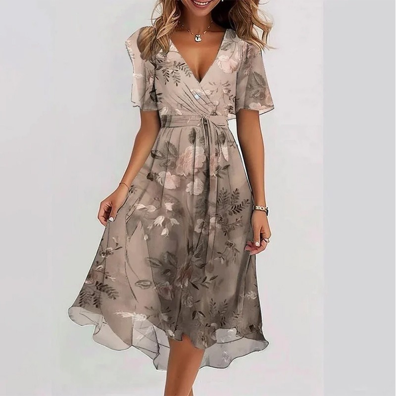 Robe imprimée élégante et tendance pour femme, longueur genou, nouvelle collection 2026, décontractée, ample, col en V, motif floral, robe imprimée femme