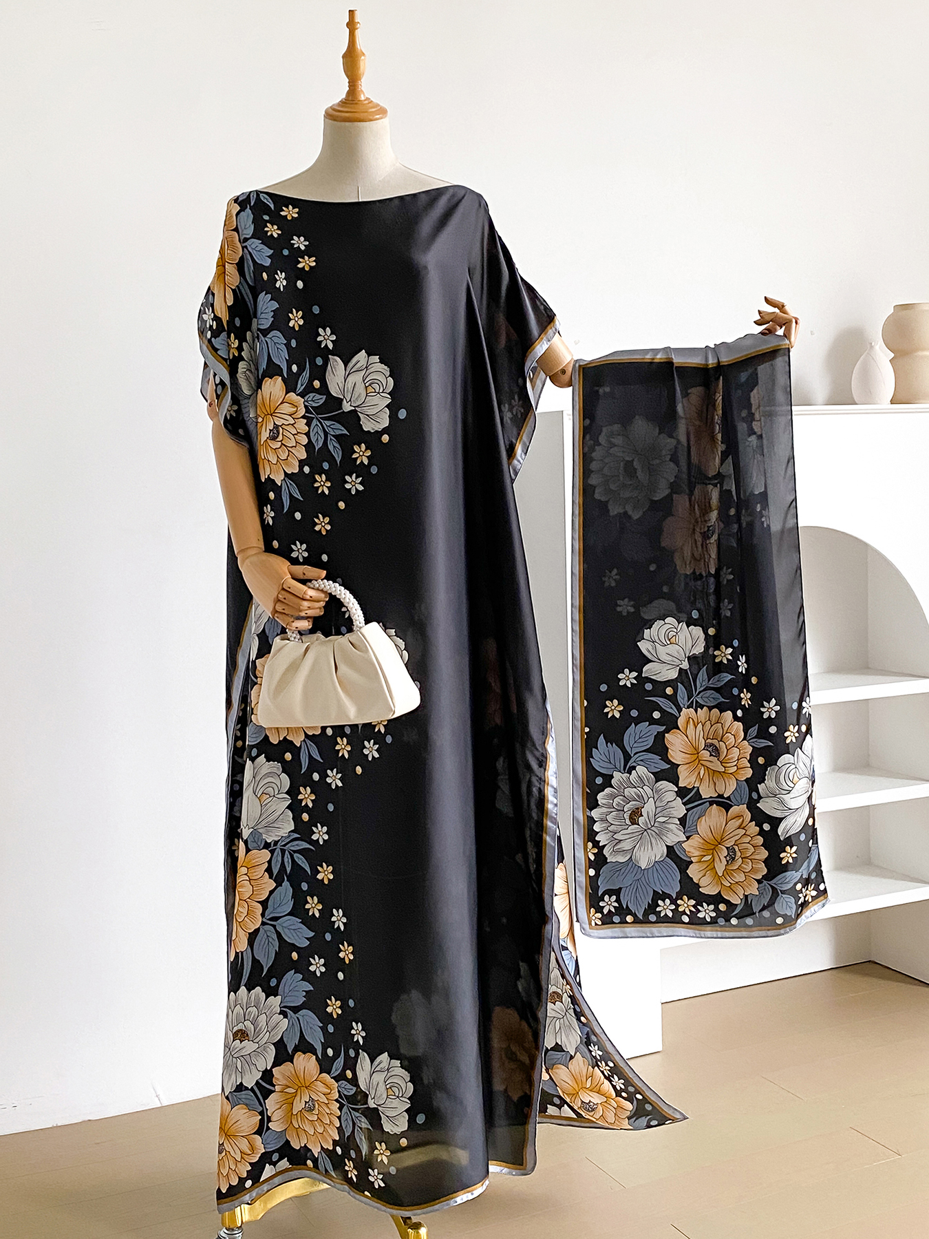 Abaya en satin imprimé floral avec foulard, kaftan maxi ample pour femmes musulmanes africaines, tenue d'été pour la plage et les vacances