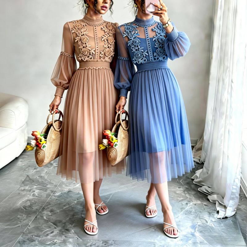 Robe midi en tulle rose poudré pour femme, col montant, broderie florale 3D, manches bouffantes, taille smockée, élégante pour soirée ou invitée de mariage
