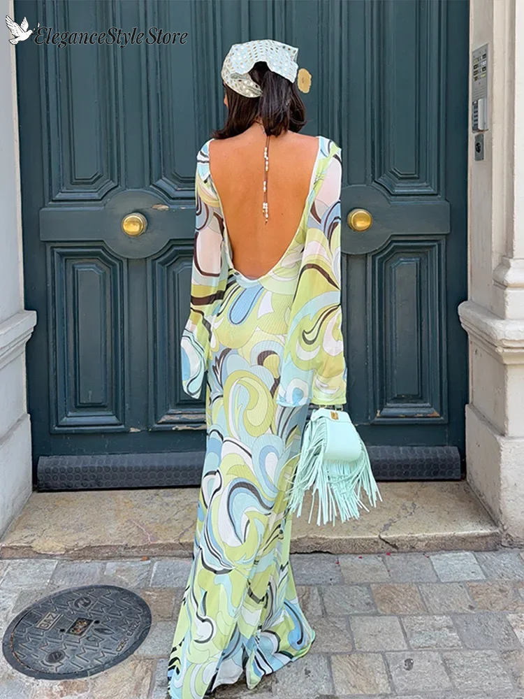 Robe longue imprimée sans dos pour femme, col rond, manches longues, coupe droite, mode été 2026, nouvelle collection streetwear pour femme