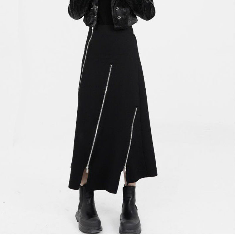 Jupe taille haute pour femme, style punk Harajuku, irrégulière, fermeture éclair, gothique, noir, hip hop, streetwear