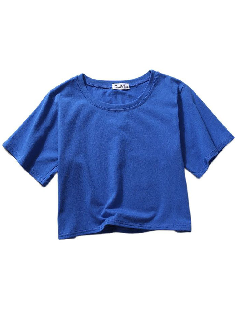 Été à manches courtes t-shirts femmes solide T-shirt col rond taille haute haut court T-shirt femme décontracté ample T-shirt