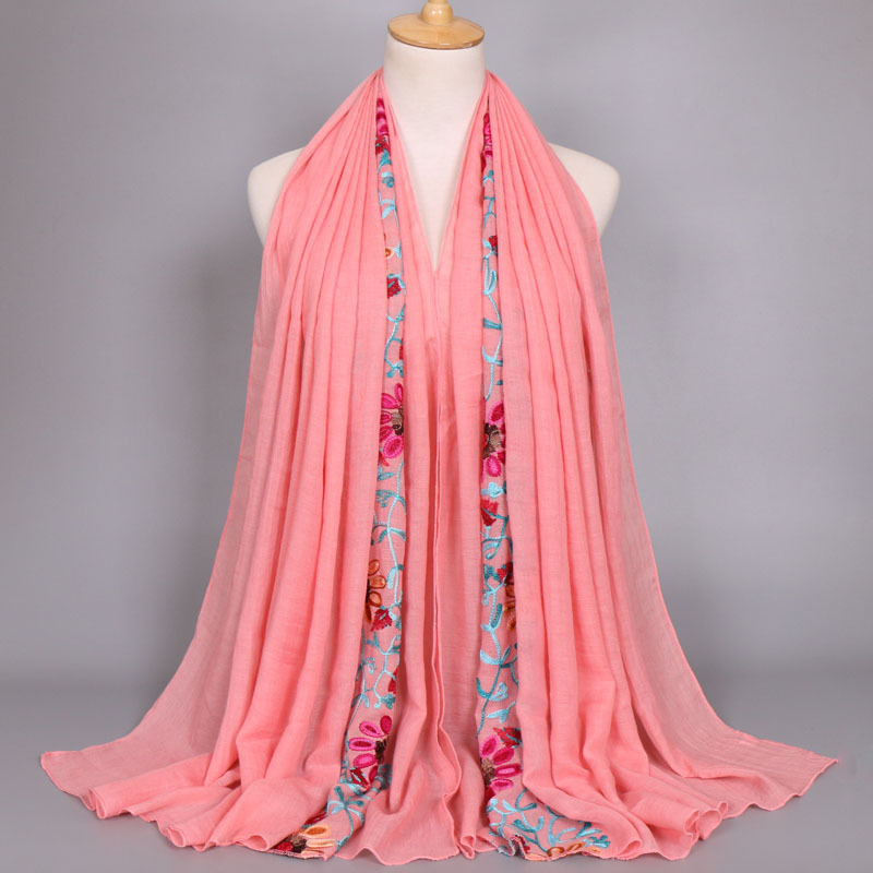 Foulard en Viscose brodé pour femme, châle en coton, point uni, fleur bleu marine, Hijab musulman, mode automne 2026