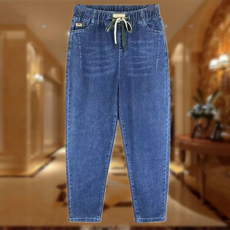 Jean pour femme Streetwear Printemps Automne 2026 Nouveau Pantalon Harun élastique taille haute en denim décontracté à poches coupe 7/8