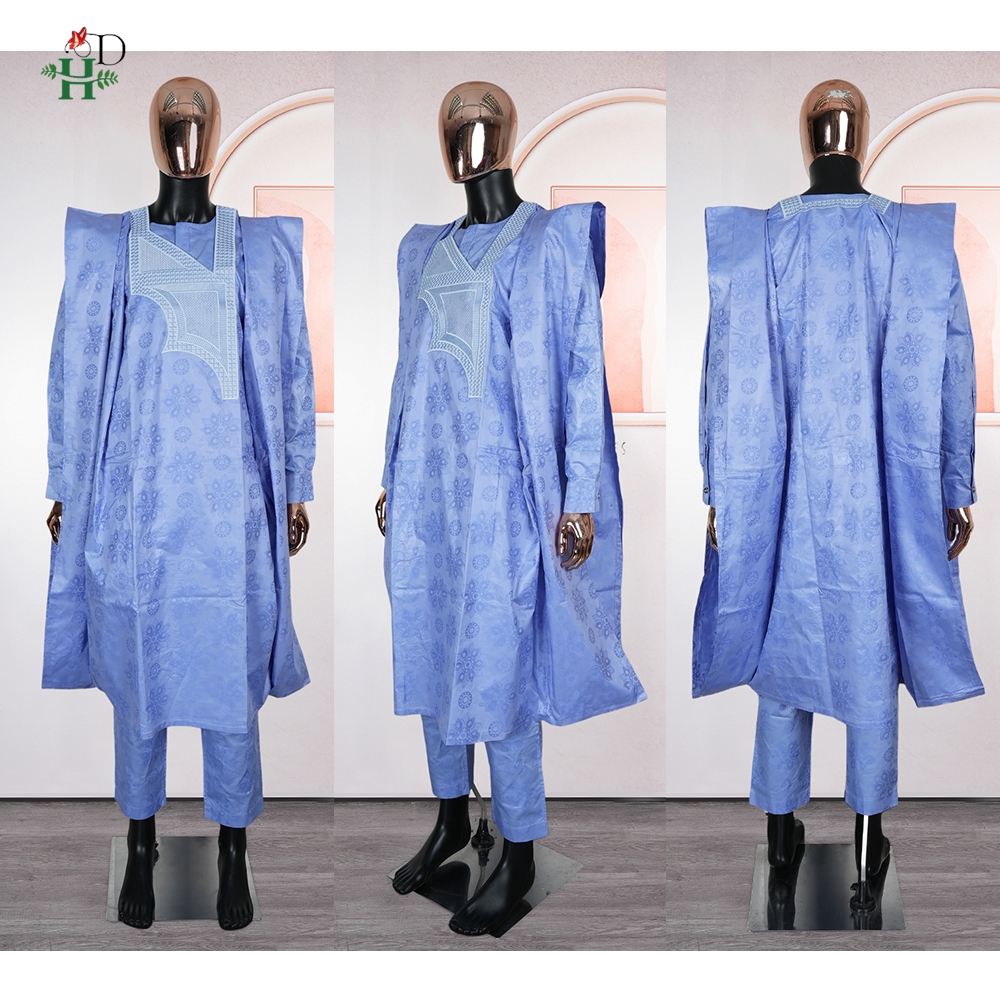 Vêtements africains broderie robe bleue grande taille pour hommes élégant fête de mariage Thobe 3 PC haut et pantalon costumes ensemble usage quotidien 2025