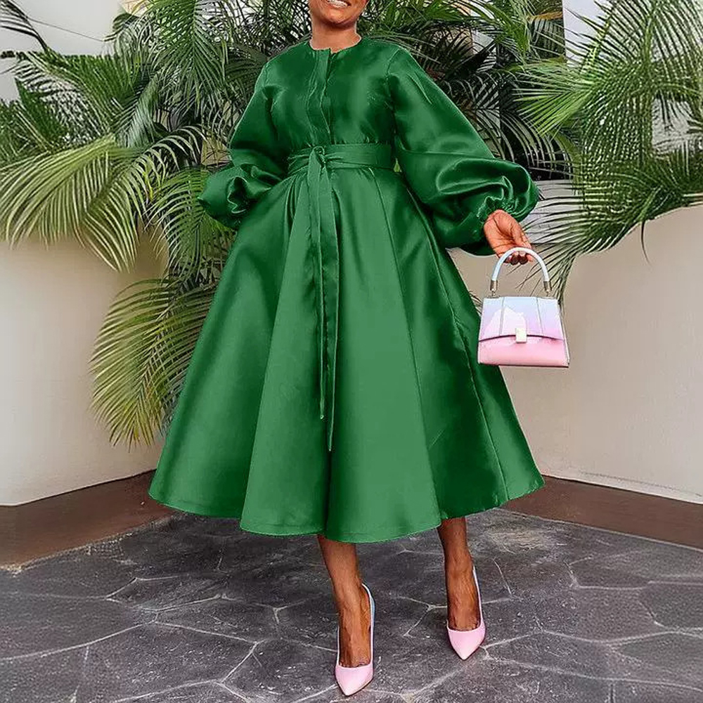Robe Vintage Chic pour Femme, Style Swing, Manches Longues Lanterne, Ceinturée, Boutonnée, Élégante, en Satin Fluide, Coupe Maxi, A-Line ou Midi, pour Cérémonie et Soirée