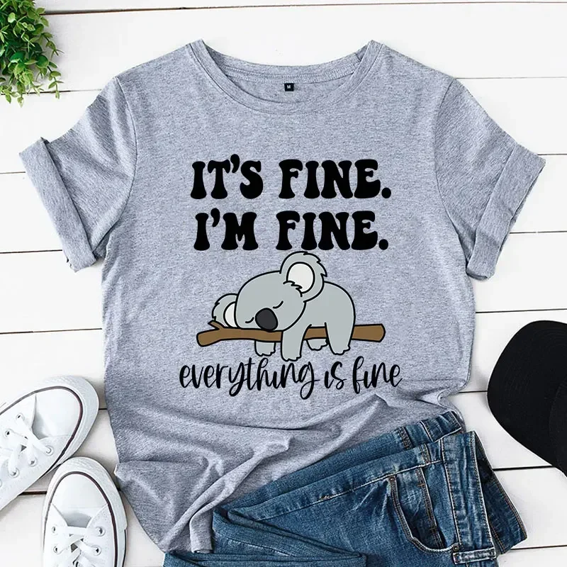 T-shirt à manches courtes pour femmes, haut imprimé Koala, décontracté, c'est bien, je suis bien, tout va bien, vêtements pour femmes de dessin animé