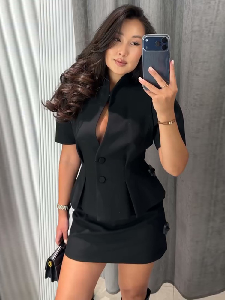 Manteau élégant à volants pour femme, manches courtes, col en V évidé, vestes féminines, nouvelle collection été 2026, manteau cintré pour femme de bureau