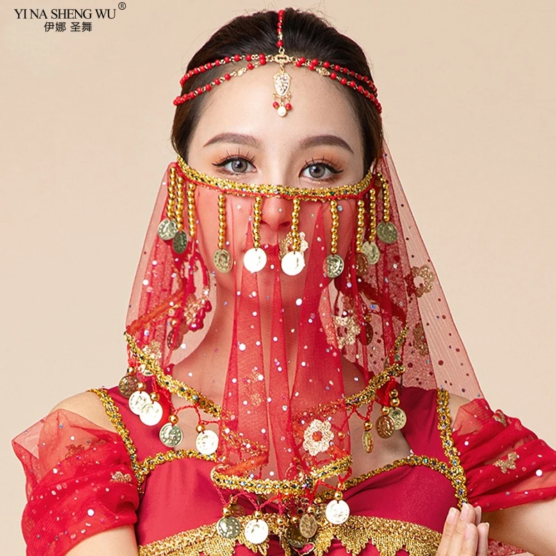 Voile de danse du ventre/danse indienne Hanfu, pompon, gaze à paillettes, accessoires de spectacle de danse, masque en maille de dentelle pour femmes