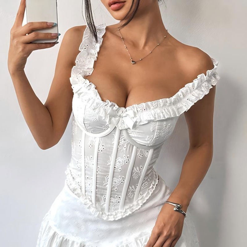 Lingerie brodée florale pour femme, débardeur court style corset à bretelles asymétriques, sensuel, style français, moulant, sexy, pour la plage