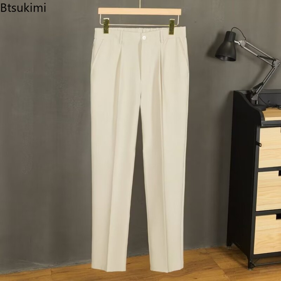 Pantalon d'été taille moyenne pour hommes, tenue décontractée, couleur unie, boutons, Slim, formel, bureau, Social, robe de soirée de mariage, costume