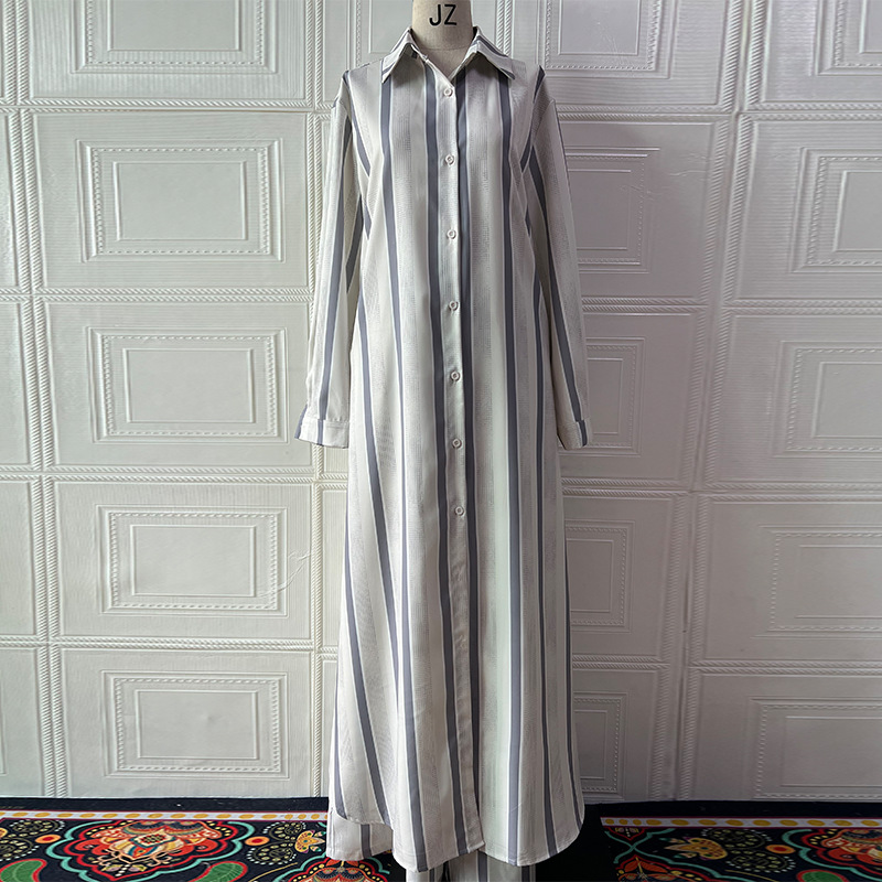 Femmes musulmanes 2 pièces Ensemble chemise rayée haut pantalon à jambes larges costume simple boutonnage poches pantalons tenues 2025 automne Ensemble