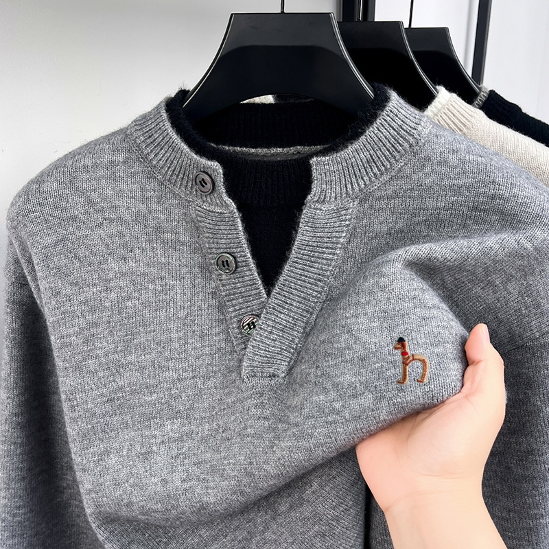 Pull de luxe à manches longues pour hommes, faux deux pièces, boutons, blocs de couleur, broderie, tricot confortable, vêtements de loisirs pour hommes