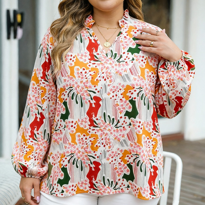 Chemise pour femmes grandes tailles, imprimé floral abstrait, col en V, haut à manches longues à volants, coupe ample, convient à un usage quotidien