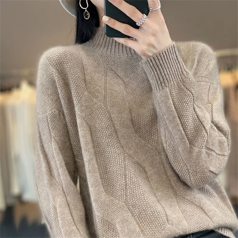 Pull en laine à col mi-haut pour femme, pull en cachemire monochrome, manches longues douces, vêtements à la mode, automne et hiver