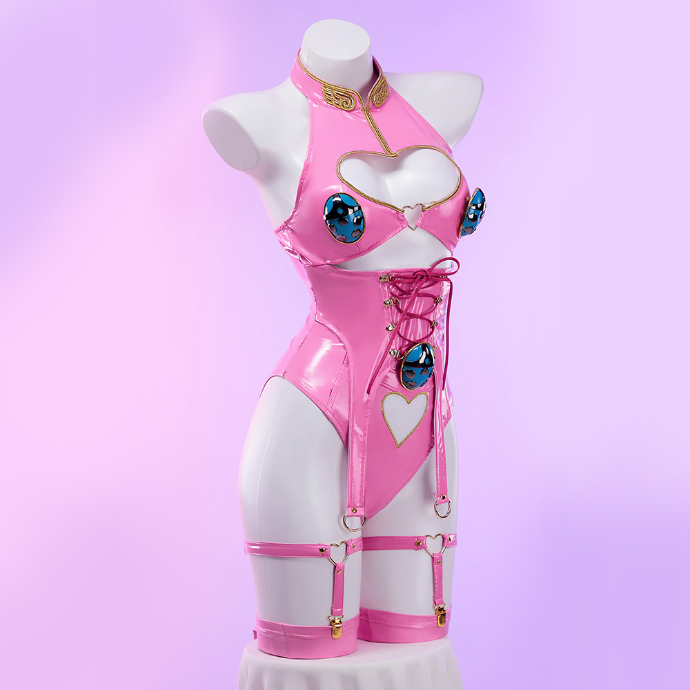 MOBBUNNY-Costume de cosplay dio pour femme, lingerie découpée en forme de cœur, costume de batterie licou avec gants, anneaux de jambe